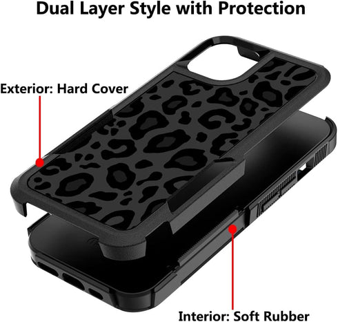 Designed for iPhone 13/iPhone 14 Black Leopard Case, Heavy Duty Protection Shockproof Dropproof Case, Cute Black Leopard Cheetah Cover for Women G...