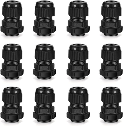 Cable Gland 12 Pack 1/2" NPT Waterproof Adjustable Connector Strain Relief Cord Connectors Joints Nylon with Gaskets…...