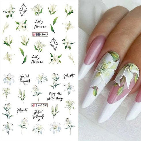 12 Sheets Lily Flowers Nail Stickers Water Transfer Decals Slider Nail Art Decorations White Flower Green Leaf Geometric Line Sliders Spring Flora...