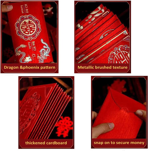 12PCS Chinese Red Envelopes for Wedding, Lucky Money Gift Pockets with Dragon&Phoenix Pattern...