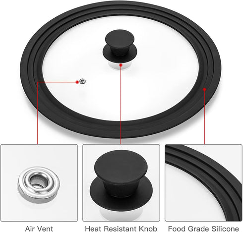 Universal Lid for Pots, Pans and Skillets Vented Tempered Glass with Heat Resistant Silicone Rim, Fits 6 inch, 7 inch, 8 inch Cookware, Replacemen...