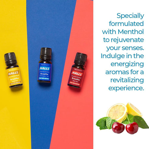 Halls Breathe Essential Oil Variety Pack – Mentho-Lyptus, Lemon, Cherry – Menthol Essential Oil for Relaxing Ambiance, Menthol Oil with Uplifting ...