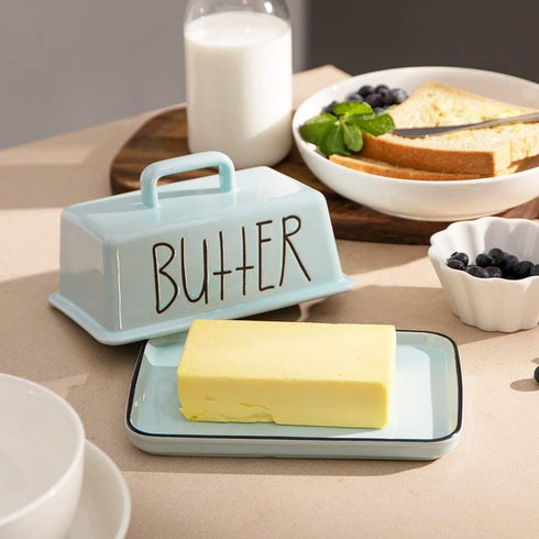 Sweejar Ceramic Butter Dish with Handle Lid, 7.3 Inch Porcelain Large Butter Keeper with Cover, Perfect for East/West Butter (Turquoise)...