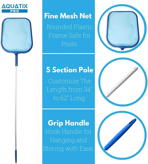 Aquatix Pro Pool Skimmer 5ft Long, 5 Section Connecting Pole with Hook Handle, for Spa, Hot Tub, Pond, Swimming Pools, Fine Mesh Bag, Hand Skimmer...