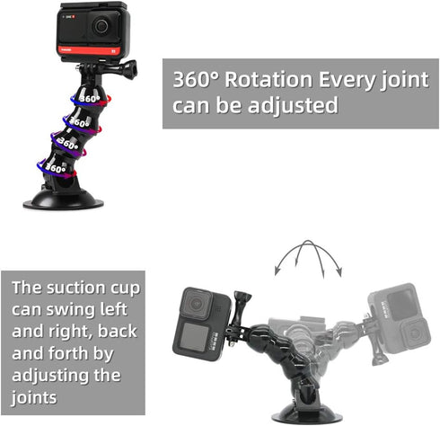 SUREWO Flexible Gooseneck Suction Cup Car Mount Holder for GoPro 12, Flexible Extension Car Windshield Mount with Phone Mount for GoPro Hero 11 10...