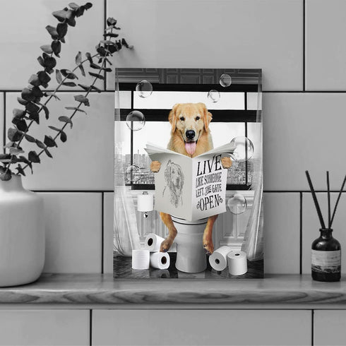 Golden Retriever Canvas Wall Art Black and White Funny Pictures Farmhouse Bathroom Wall Decor Dog Sitting in Toilet Painting for Toilet Bathroom D...