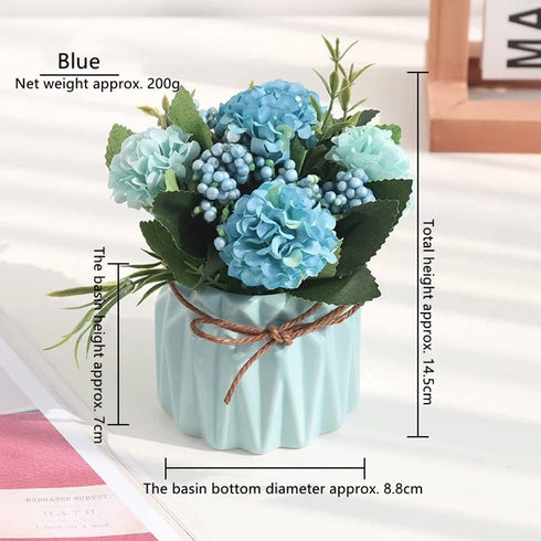 Fake Hydrangeas with Pot, Mini Hydrangea Artificial Flowers Artificial Plant in Ceramic Vase for Office Desktop Decorations (Blue)...