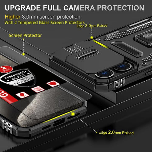 for iPhone 15 Pro Case with 2Tempered Glass Screen Protector,iPhone 15 Pro Kickstand Case with Slide Camera Cover &360°Ring Stand Magnetic Shockpr...
