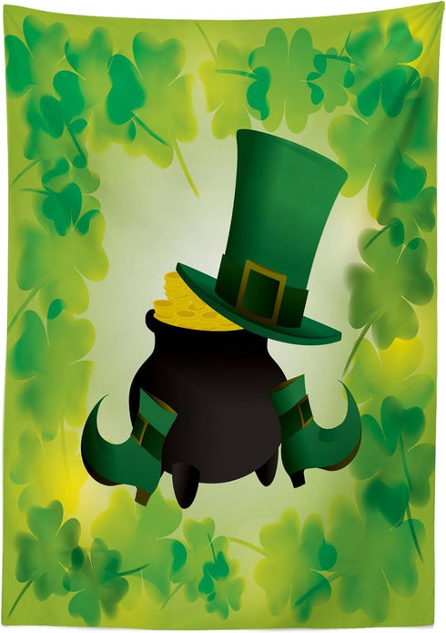 Ambesonne St. Patrick's Day Tablecloth, Leprechaun Hat and Shoes Costume with Pot of Gold with Shamrock Leaves, Dining Room Kitchen Rectangular Ta...