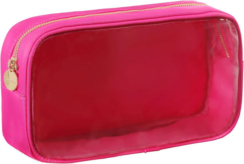Medium Preppy Transparent Makeup Pouch Women Travel Clear TPU and Nylon Cosmetic Pouch (Medium, HotPink)...