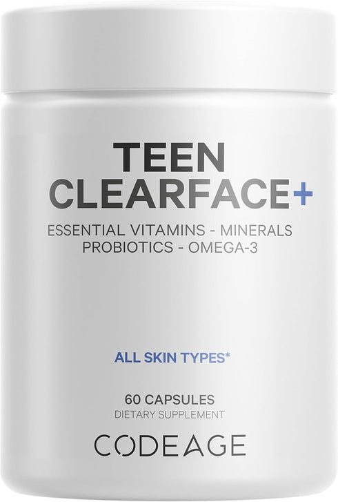 Codeage Teen Clearface Adolescent Face, Skin & Pimples, Vitamins A, C, D3, E, Pantothenic Acid, Niacin, Zinc Supplement Teenagers, Probiotics, L-L...