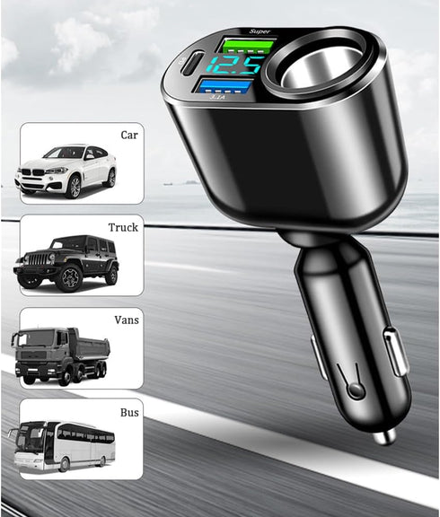 4 Ports Fast Car Charger Cigarette Lighter Splitter with LED Voltmeter,QC3.0+PD 30W for Most Phones GPS Dash Cam,Universal 12V/24V Cigarette Light...