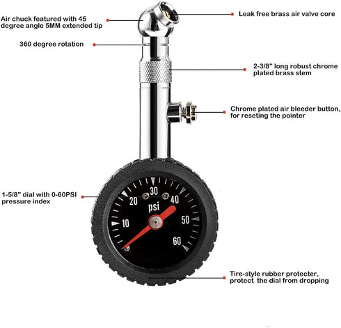 CZC AUTO Heavy Duty Tire Pressure Gauge, ANSI B40.1 Accurate Mechanical Air Gage, Chrome Plated Brass Stem Rotating Single Chuck Dial Wheel Pressu...