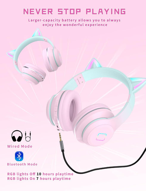 Kids Bluetooth Headphones,Cat Ear LED Light Child Wireless Headphones with Mic,Adjustable Headband,TF Card,Foldable Bluetooth Stereo Over-Ear Kids...