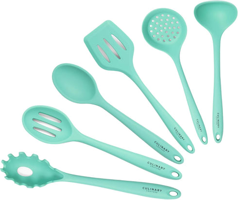 Culinary Couture Aqua Sky Silicone Cooking Utensils Set - Sturdy Steel Inner Core - Spatula, Mixing & Slotted Spoon, Ladle, Pasta Server, Drainer ...
