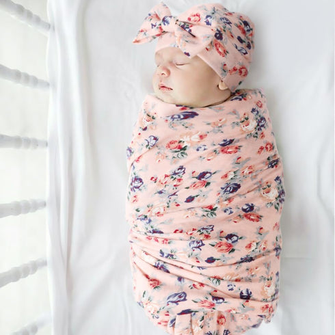 BQUBO Baby Girl Newborn Receiving Blanket with Bow Hat Headband Wooden Birth Announcement Card Set Baby Floral Print Nursery Swaddle Wrap...