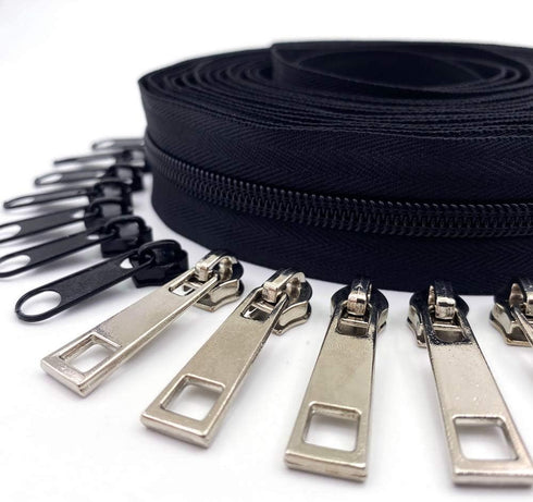 Zipper Roll by Yard #5 Bulk 10 Yards Nylon Zipper with 10pcs Sliver Sliders and 10pcs Colorfull Sliders for DIY Sewing Craft Projects (Black)...