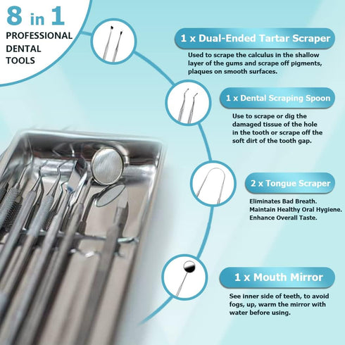KOHEEL Dental Tools with Metal Case, 8 Count Teeth Cleaning Tools Set, Remove Plaque, Oral Care Hygiene Kit with 2 Type of Tongue Scraper, Tartar ...