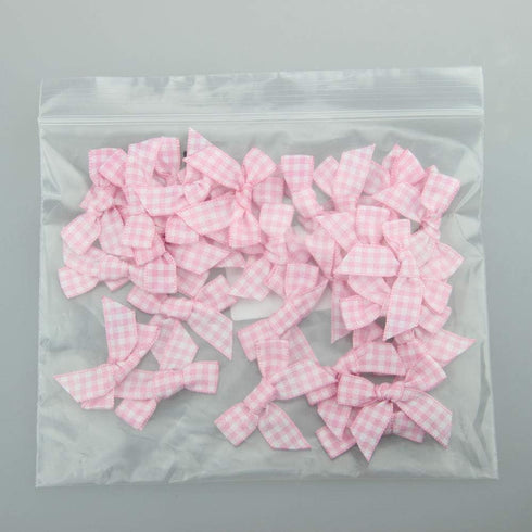 7Rainbows 50pcs Boutique Mini Pink Gingham Ribbon Bows Appliques DIY Craft for Sewing Scrapbooking Wedding and Gift...