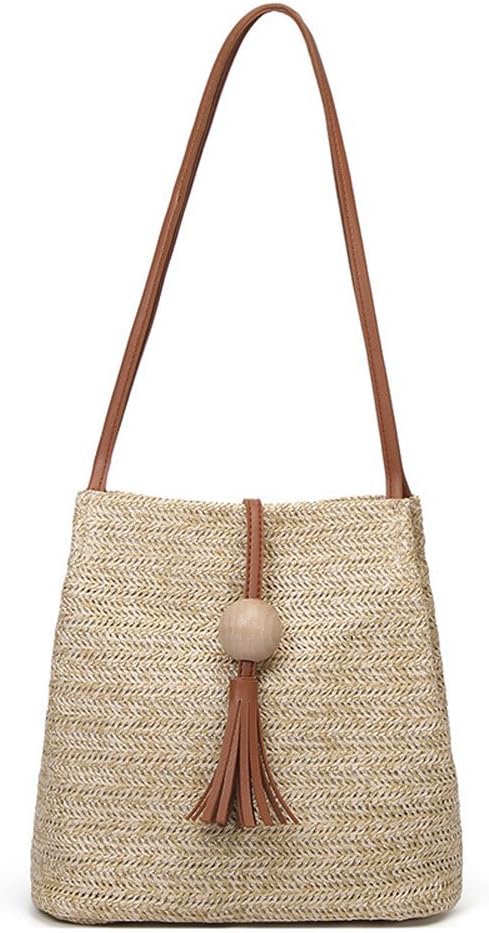 QZUnique Straw Handbags Women's Summer Beach Straw Bucket Tote Bag Straw Woven Handbag Tassel Shoulder Bag Purse...