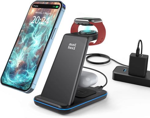 Minthouz Wireless Charger, 3 in 1 Fast Wireless Charging Station with 20W Adapter for Multiple Devices Apple Watch, AirPods, Wireless Charger Stan...