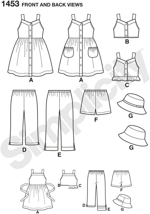Simplicity Easy to Sew Girl's Dress, Top, Pants or Shorts and Hat Clothing Sewing Pattern Kit, Code 1453, Sizes 3-8...