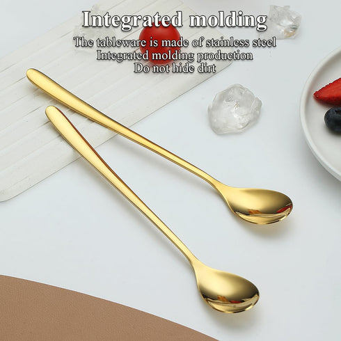 Gold Long Handle Iced Tea Spoons Set of 12 Pieces, Titanium Plating Gold Stainless Steel Teaspoons, Stirring Bar Spoon, Coffee Spoon, Ice Cream Sp...