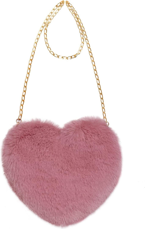 Heart Shaped Faux Fur Purse Fluffy Crossbody Bag Chain Shoulder Bag Cute Clutch Halloween Valentine Women Girls...