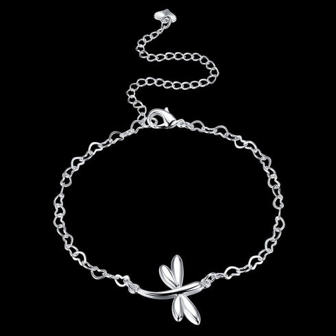 Fashion Jewelry 925 Sterling Silver Cute Dragonfly Heart Chain Anklet...
