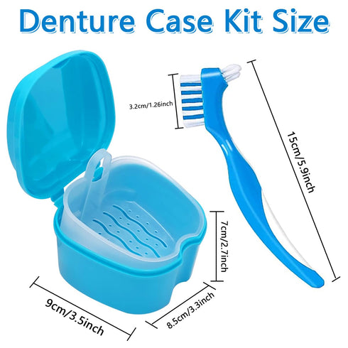 Denture Cleaner Box and Brush Set - 2 Pack Denture Bath Case with Basket + 2 Pack Denture Brush, Portable Denture Retainer Storage Box, False Teet...