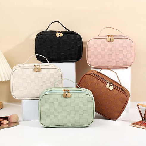 Travel Makeup Bag for Women, PU Leather Waterproof Checkered Cosmetic Bags, Portable Pouch Open Toiletry Bag, Make up Organizer with Handle, Black...