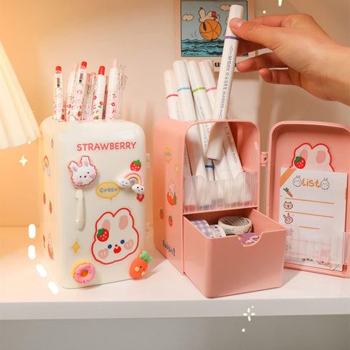 Kawaii refrigerator cute pen holder pencil cup, multifunctional container huge capability stationery with a drawer organizer home school office de...