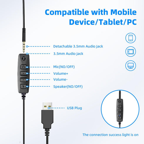 USB Headset with Microphone for PC, 3.5mm Jack 2 in 1 Headset,Wired Stereo Computer Headphone,Lightweight Headset with Volume Control Wired Headse...