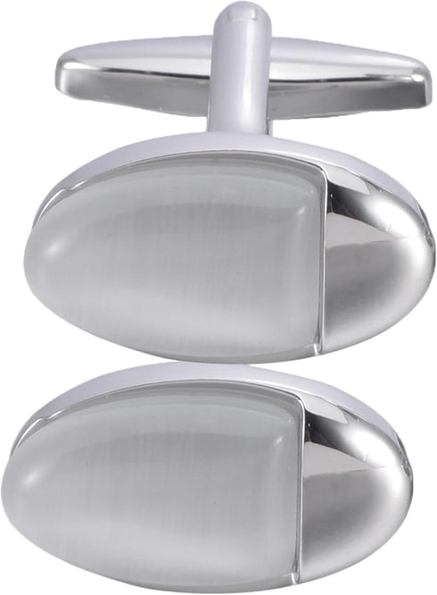 Silver Tone Cat Eye Stone Men's Cufflinks In Gift Case Oval Opal Stone Cufflinks for Men for Wedding Party Business Birthday Anniversary Dress...