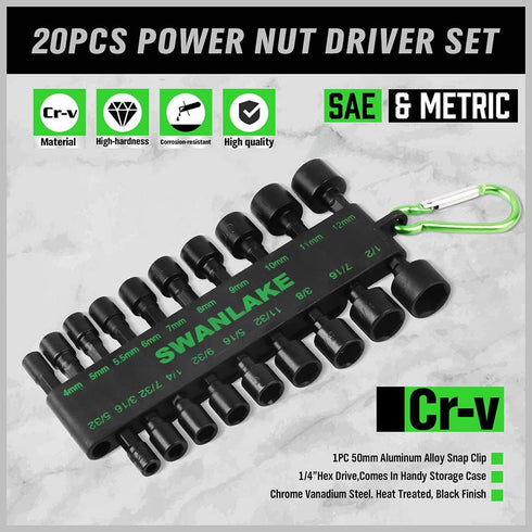 SWANLAKE 20PCS Power Nut Driver Set for Impact Drill, 1/4” Hex Head Drill Bit Set SAE and Metric...