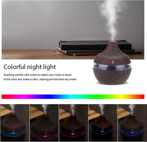 Wood Grain Humidifier LED Night Light Mist Maker Air Humidifier Essential Oil Diffuser Small Humidifiers for Bedroom Office Car Home 300ml...