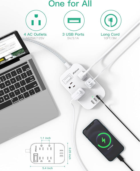 Power Strip Long Extension Cord - 10Ft Braided Extension Cord with Flat Plug, 4 Outlets and 3 USB Charging Ports, Overload Protection and Wall Mou...