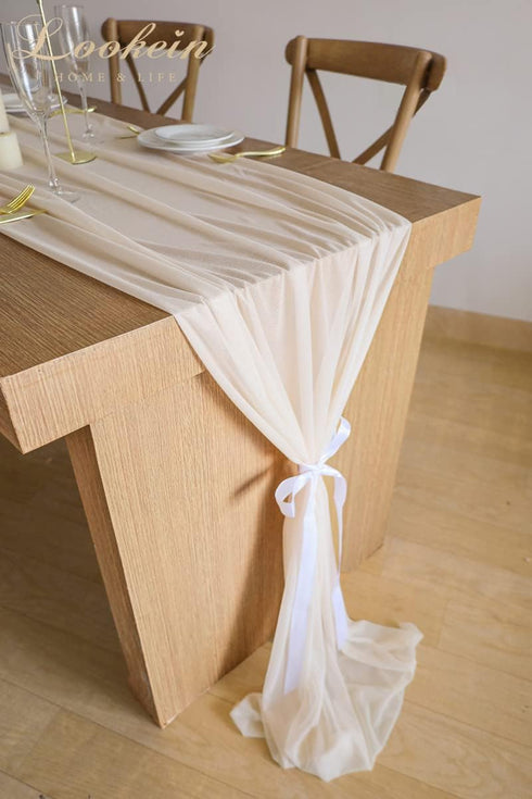 Lookein 10 Feet Champagne Chiffon Table Runner Sheer Wedding Table Cloth 29x120 Inches Rustic Wedding Decorations French Chiffon Table Runner...