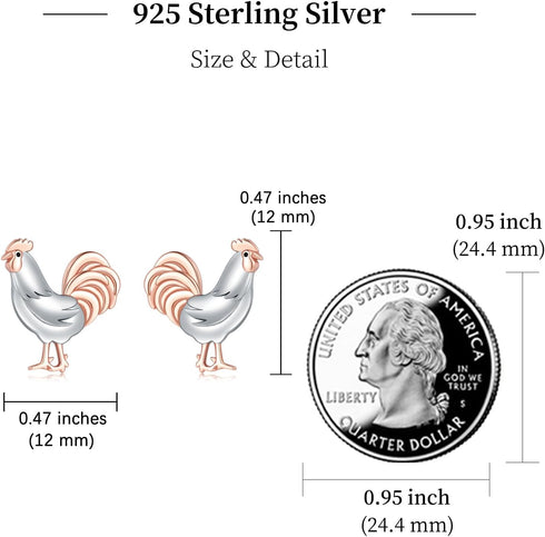 Chicken Stud Earrings for Womens 925 Sterling Silver Hypoallergenic Rooster Chicken Earring Chicken Jewelry Animal Jewelry Gifts for Women...