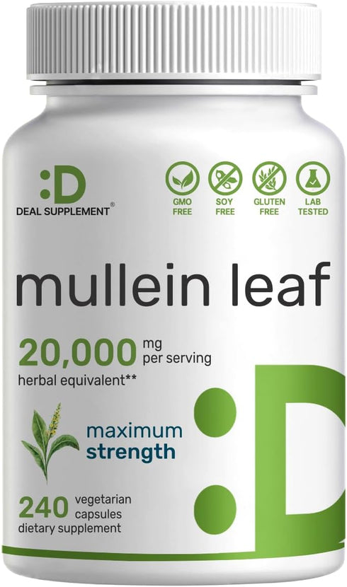 DEAL SUPPLEMENT Mullein Leaf Extract 20,000mg, 240 Veggie Capsules – 4 Month Supply – Natural Lung Detox Herbal Supplement – Supports Respiratory ...