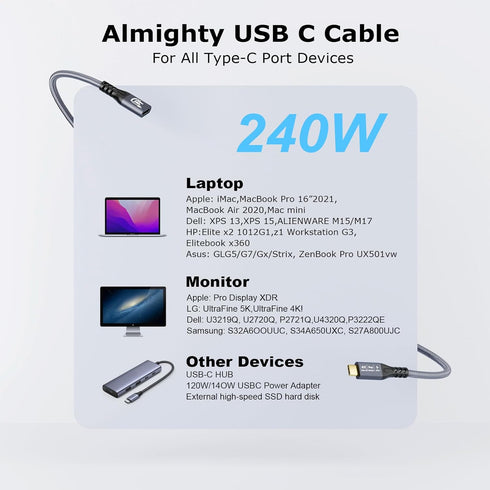 20Gbps USB C 3.2 Extension Cable, USBC 3.2 Gen2 Type-c Male to Female Extender Cable Ultra HD 4K@60Hz 240W Charging 20Gbps Data Transfer Compatibl...