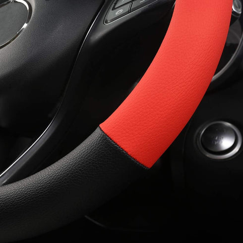 Black Panther Premium Textured Leather Auto Car Steering Wheel Cover, Anti-Slip and Comfortable Grip, 15 inch Universal - Black + Red...
