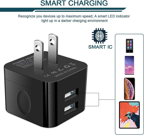 2Pack USB Wall Chargers, 2.4A Dual Port Fast Charger Block Square Flat Power AC Adapter Phone Brick Charging Station for iPhone, Samsung Galaxy, L...