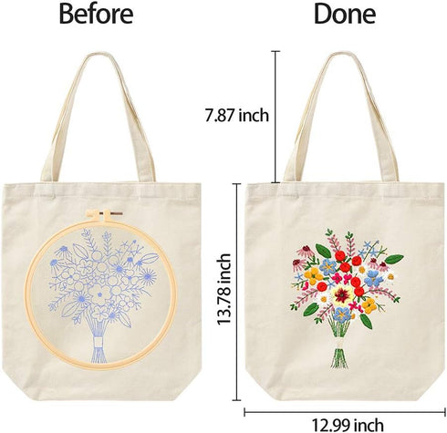 Canvas Tote Bag Embroidery Kit with Flower Pattern Instructions DIY Arts Crafts Supplies Cloth Threads Tools Beginners Needlepoint Kits(1)......