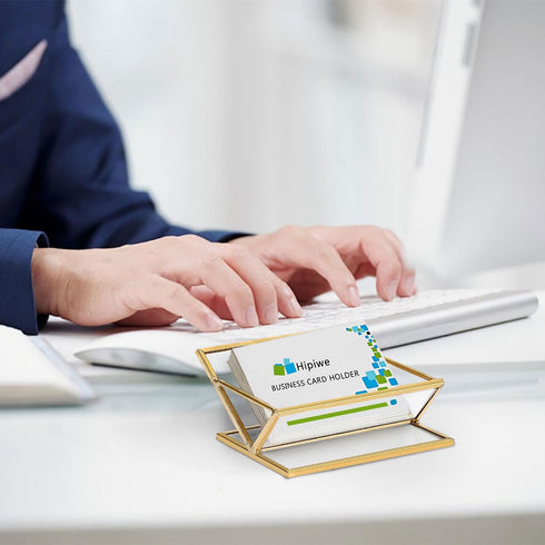 Hipiwe Glass Business Card Holder for Desk, Golden Metal Frame Business Card Display Stand for Office Reception Exhibition Meeting Desktop Organiz...