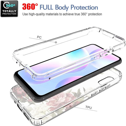 Phone Case for Redmi 9A M2006C3LG/Redmi 9i M2006C3LII Case with Tempered-Glass Screen Protector, Cute Clear Floral Pattern Full Body Protective Co...