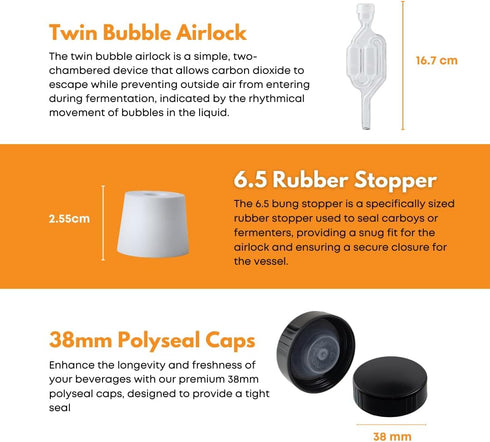 FastRack 1 gal Jug W/Twin bubble Airlock, Polyseal Lid, #6.5 Drilled Stopper...