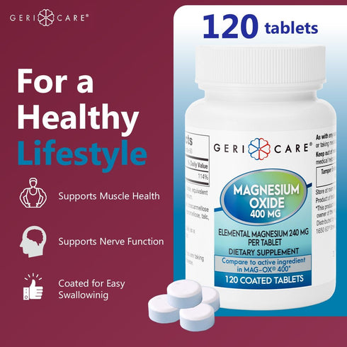 GeriCare Magnesium Oxide Supplement 240 mg of Elemental Magnesium, 120 Tablets, Essential Mineral Support, Promotes Vascular Health, Bone Strength...