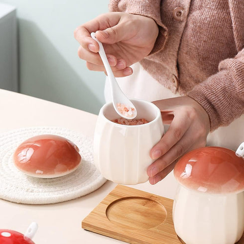 Ceramic Mushroom Shape Sugar Bowl Spice Jar Seasoning Pot with Lid Spoon...