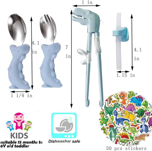 Dinosaur Toddler Flatware Kid Fork and Spoon Set, Baby Spoons Self Feeding Baby...